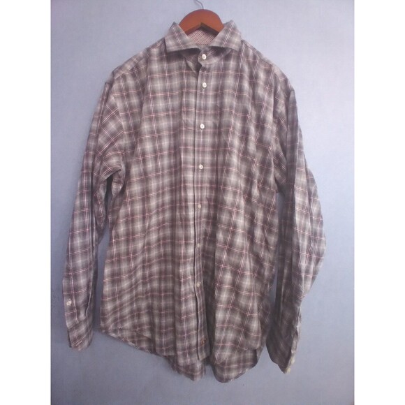 Classic Brown Plaid Button-Down Shirt Long Sleeve Casual Collared - Picture 2 of 4